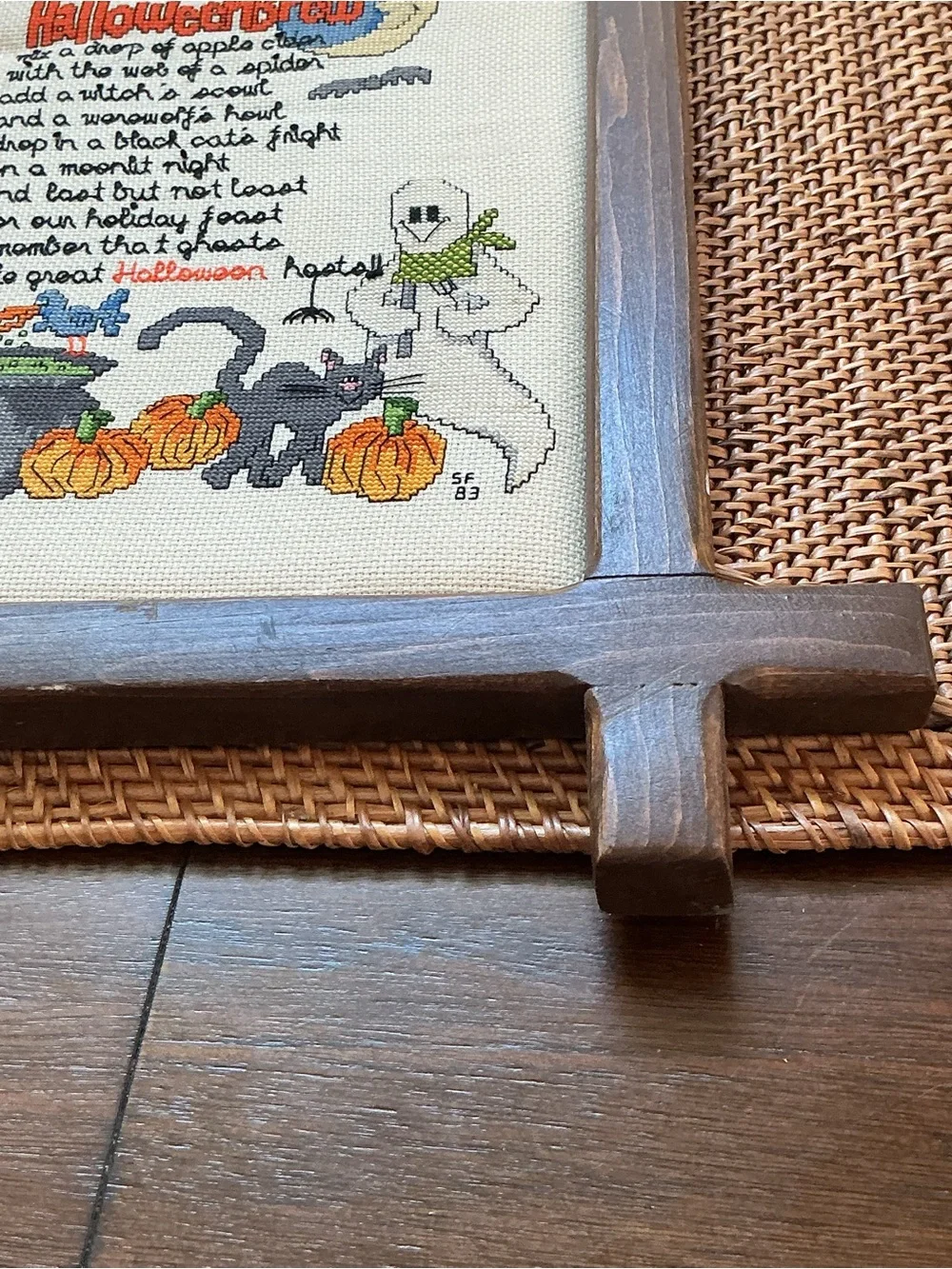 Vintage Completed Halloween Brew Cross Stitch Framed Wood Ox-Bow 1983 Whimsical
